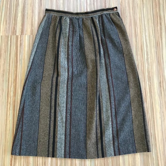 Vintage Koret Career Neutral Brown & Grey Stripe Wool Tweed Midi Skirt 30" Waist - Picture 6 of 7